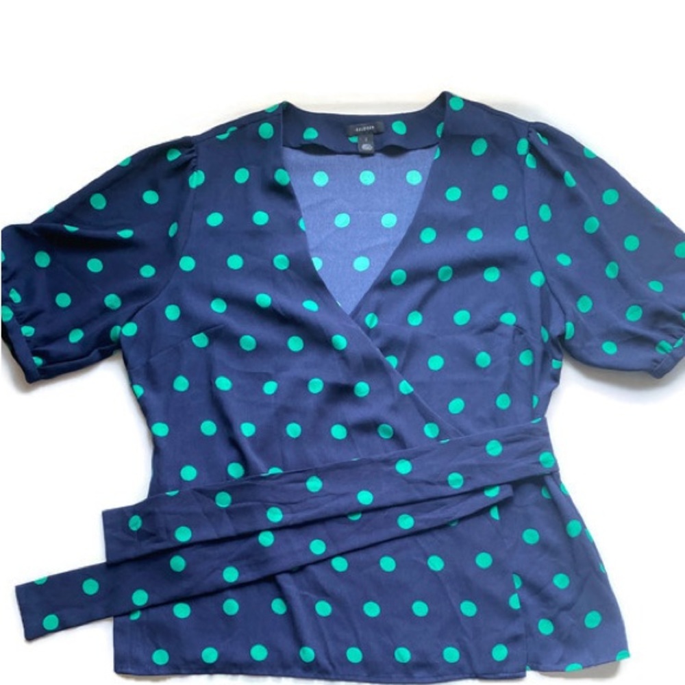 Halogen Blue and Green Polka Dot Long Sleeve Wrap Shirt L